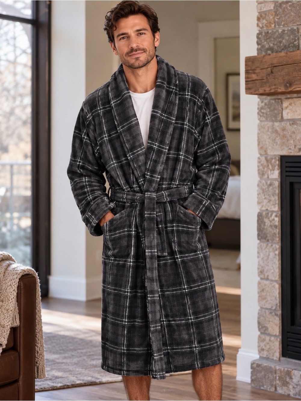 Denver Hayes Men’s Plush Plaid Lounge Robe One Size Grey Black